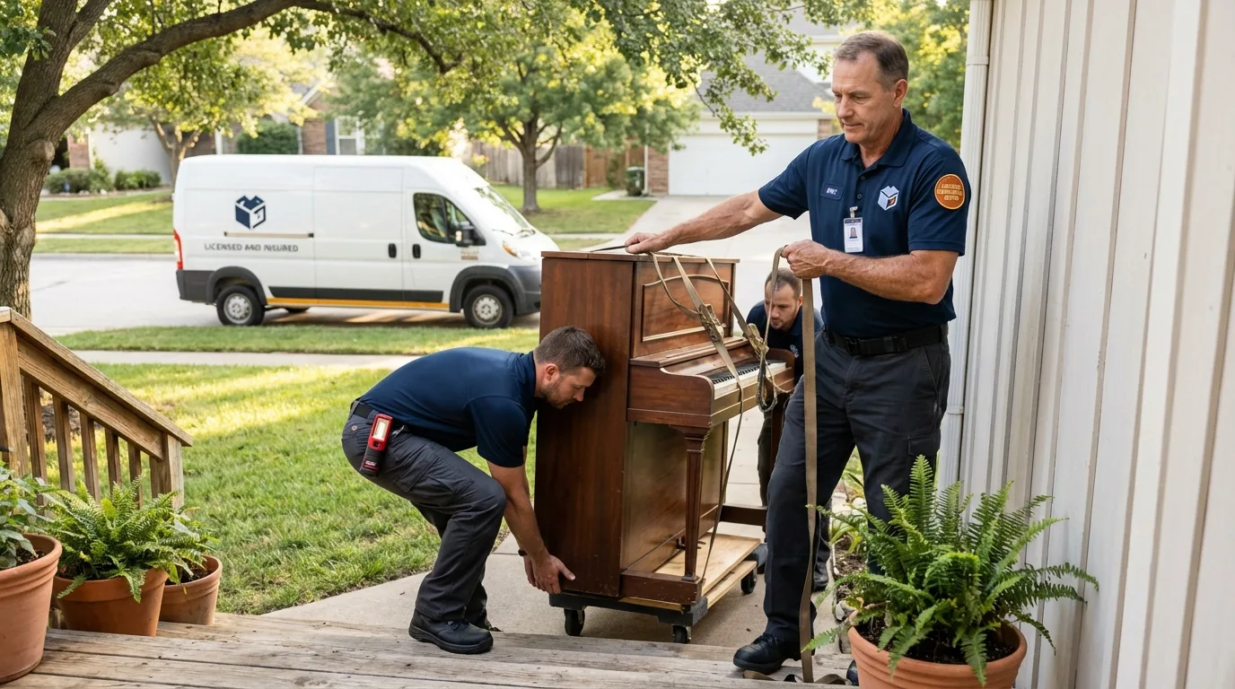 Licensed piano movers securing grand piano in New London, OH