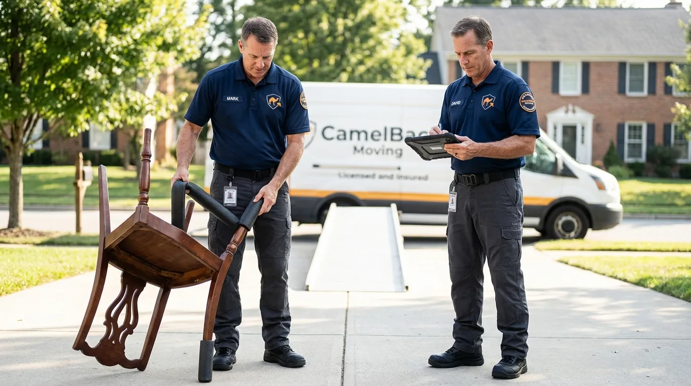 Movers inspecting furniture for damage prevention before loading in New London, OH
