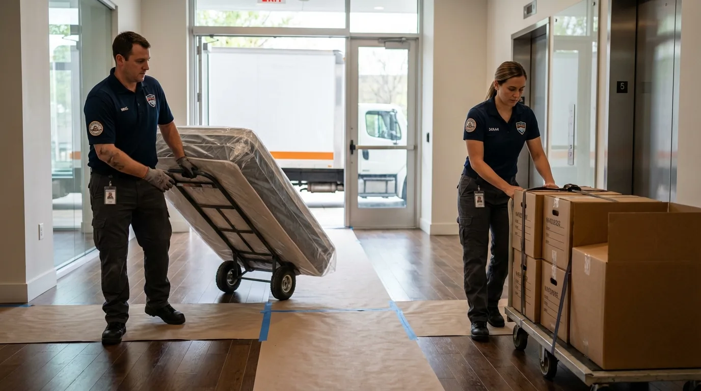 Professional apartment movers loading elevator in New London, OH