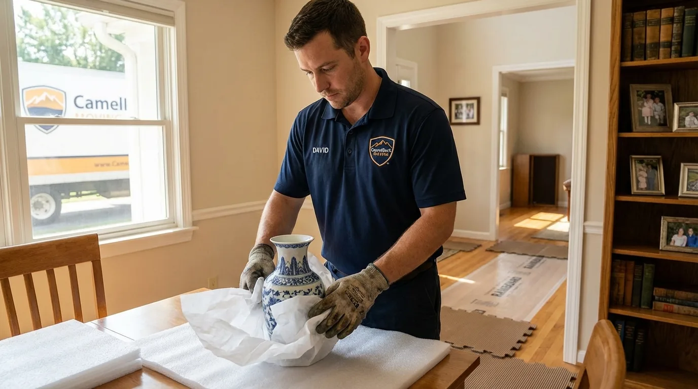 Professional crew carefully wrapping antique vase for senior downsizing move in New London, OH