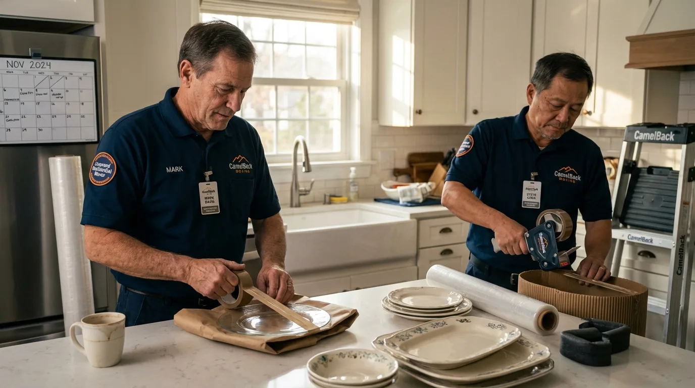 Professional crew packing kitchen dishware in New London, OH